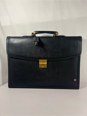 3098: Loewe Vintage Black Leather Attaché Briefcase Gold Hardware